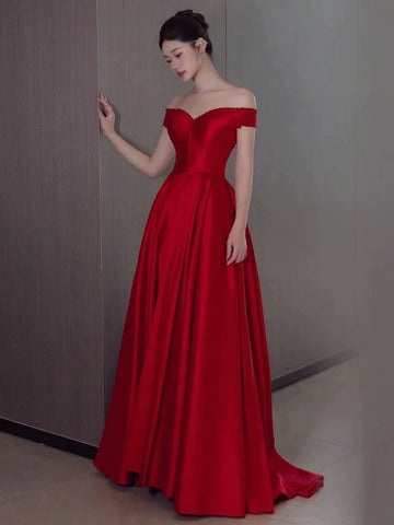 A Line Off The Shoulder Satin Red Floor Length Evening Dress Prom Dresses SD1623